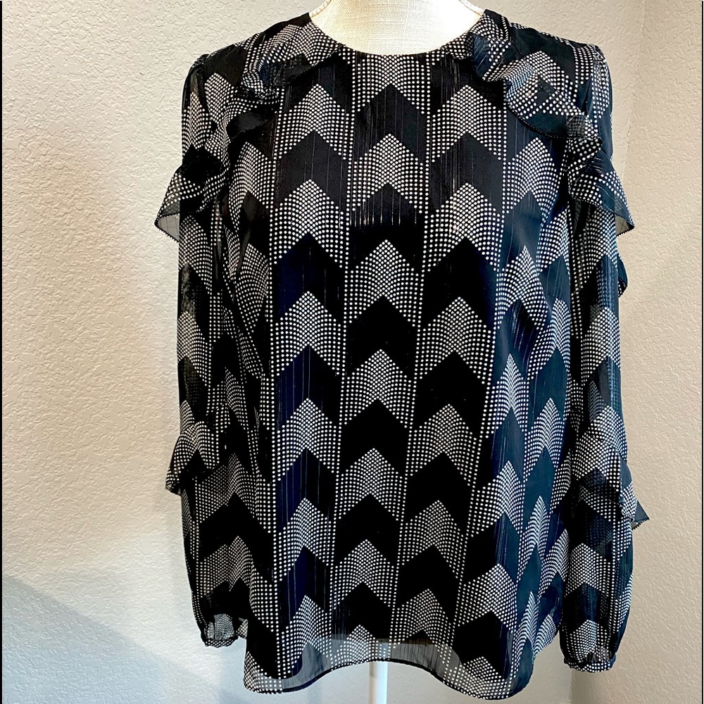 Size 3 Ted Baker - Blouse, ruffled sleeves, black, white, metallic gold thread.